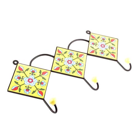 Yellow And Turquoise Tiny Floral Ceramic Tiles Hooks